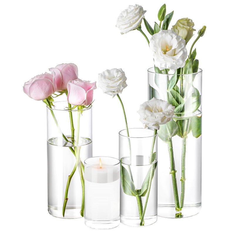HomJoy 4 Pack Glass Cylinder Vases 4 6 8 10 Inch Tall Clear Flower Vase Hurricane Floating Candle Holder for Table Centerpiece Wedding Home Decor - Image 1